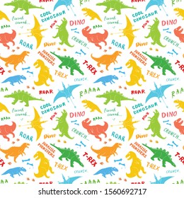 Dino Seamless Pattern, Cute Cartoon Hand Drawn Dinosaurs Doodles Vector Illustration.