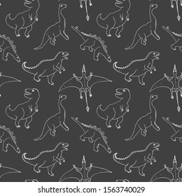 Dino Seamless Pattern, Cute Cartoon Hand Drawn Dinosaurs Doodles Vector Illustration.