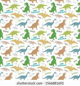 Dino Seamless Pattern, Cute Cartoon Hand Drawn Dinosaurs Doodles Vector Illustration.