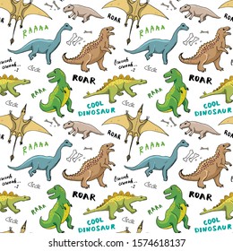 Dino Seamless Pattern, Cute Cartoon Hand Drawn Dinosaurs Doodles Vector Illustration.