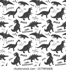 Dino Seamless Pattern, Cute Cartoon Hand Drawn Dinosaurs Doodles Vector Illustration.