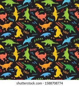 Dino Seamless Pattern, Cute Cartoon Hand Drawn Dinosaurs Doodles Vector Illustration.