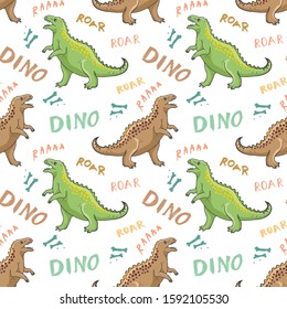 Dino Seamless Pattern, Cute Cartoon Hand Drawn Dinosaurs Doodles Vector Illustration.
