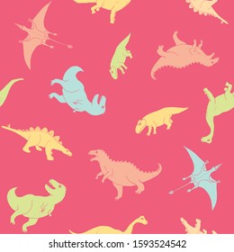 Dino Seamless Pattern, Cute Cartoon Hand Drawn Dinosaurs Doodles Vector Illustration.
