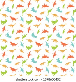 Dino Seamless Pattern, Cute Cartoon Hand Drawn Dinosaurs Doodles Vector Illustration.