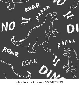 Dino Seamless Pattern, Cute Cartoon Hand Drawn Dinosaurs Doodles Vector Illustration.