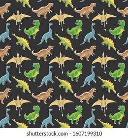 Dino Seamless Pattern, Cute Cartoon Hand Drawn Dinosaurs Doodles Vector Illustration.