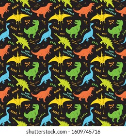 Dino Seamless Pattern, Cute Cartoon Hand Drawn Dinosaurs Doodles Vector Illustration.