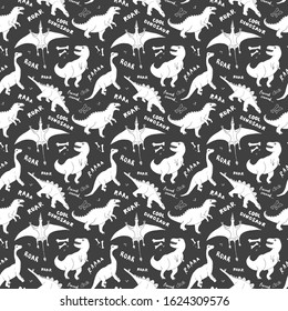 Dino Seamless Pattern, Cute Cartoon Hand Drawn Dinosaurs Doodles Vector Illustration.