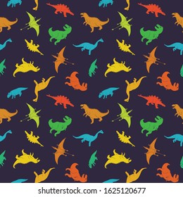 Dino Seamless Pattern, Cute Cartoon Hand Drawn Dinosaurs Doodles Vector Illustration.