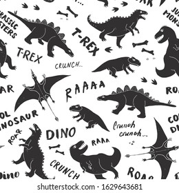 Dino Seamless Pattern, Cute Cartoon Hand Drawn Dinosaurs Doodles Vector Illustration.