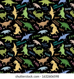 Dino Seamless Pattern, Cute Cartoon Hand Drawn Dinosaurs Doodles Vector Illustration.