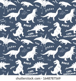 Dino Seamless Pattern, Cute Cartoon Hand Drawn Dinosaurs Doodles Vector Illustration.