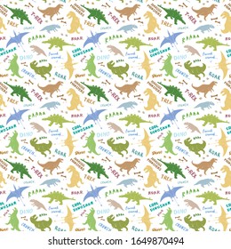 Dino Seamless Pattern, Cute Cartoon Hand Drawn Dinosaurs Doodles Vector Illustration.