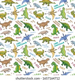 Dino Seamless Pattern, Cute Cartoon Hand Drawn Dinosaurs Doodles Vector Illustration.