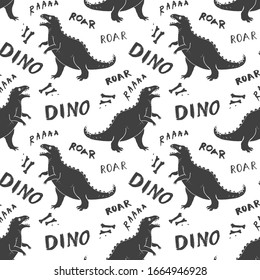 Dino Seamless Pattern, Cute Cartoon Hand Drawn Dinosaurs Doodles Vector Illustration.