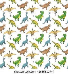 Dino Seamless Pattern, Cute Cartoon Hand Drawn Dinosaurs Doodles Vector Illustration.