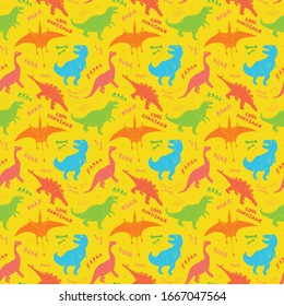 Dino Seamless Pattern, Cute Cartoon Hand Drawn Dinosaurs Doodles Vector Illustration.