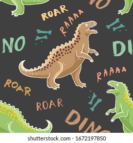 Dino Seamless Pattern, Cute Cartoon Hand Drawn Dinosaurs Doodles Vector Illustration.