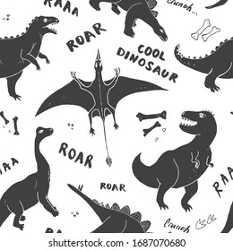 Dino Seamless Pattern, Cute Cartoon Hand Drawn Dinosaurs Doodles Vector Illustration.