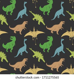 Dino Seamless Pattern, Cute Cartoon Hand Drawn Dinosaurs Doodles Vector Illustration.