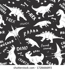 Dino Seamless Pattern, Cute Cartoon Hand Drawn Dinosaurs Doodles Vector Illustration.