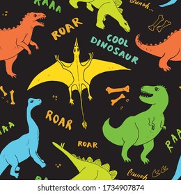 Dino Seamless Pattern, Cute Cartoon Hand Drawn Dinosaurs Doodles Vector Illustration.