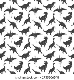 Dino Seamless Pattern, Cute Cartoon Hand Drawn Dinosaurs Doodles Vector Illustration.