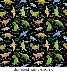 Dino Seamless Pattern, Cute Cartoon Hand Drawn Dinosaurs Doodles Vector Illustration.