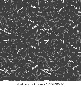 Dino Seamless Pattern, Cute Cartoon Hand Drawn Dinosaurs Doodles Vector Illustration.