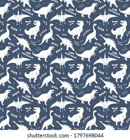 Dino Seamless Pattern, Cute Cartoon Hand Drawn Dinosaurs Doodles Vector Illustration.