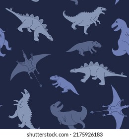 Dino Seamless Pattern, Cute Cartoon Dinosaurs Doodles Vector Illustration.