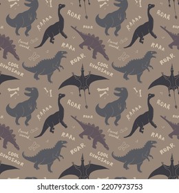 Dino Seamless Pattern, Cute Cartoon Dinosaurs Doodles Vector Illustration.