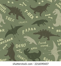 Dino Seamless Pattern, Cute Cartoon Dinosaurs Doodles Vector Illustration.