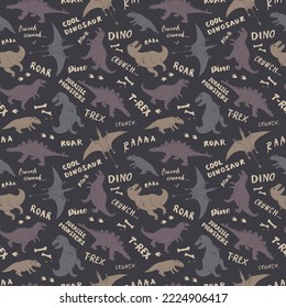 Dino Seamless Pattern, Cute Cartoon Dinosaurs Doodles Vector Illustration.