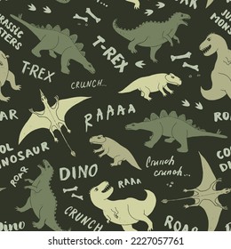 Dino Seamless Pattern, Cute Cartoon Dinosaurs Doodles Vector Illustration.