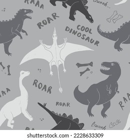 Dino Seamless Pattern, Cute Cartoon Dinosaurs Doodles Vector Illustration.