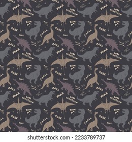 Dino Seamless Pattern, Cute Cartoon Dinosaurs Doodles Vector Illustration.
