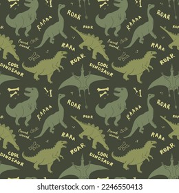 Dino Seamless Pattern, Cute Cartoon Dinosaurs Doodles Vector Illustration.