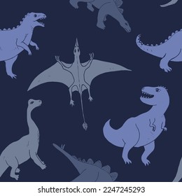 Dino Seamless Pattern, Cute Cartoon Dinosaurs Doodles Vector Illustration.