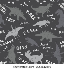 Dino Seamless Pattern, Cute Cartoon Dinosaurs Doodles Vector Illustration.