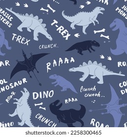 Dino Seamless Pattern, Cute Cartoon Dinosaurs Doodles Vector Illustration.