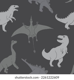Dino Seamless Pattern, Cute Cartoon Dinosaurs Doodles Vector Illustration.