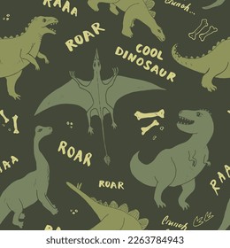 Dino Seamless Pattern, Cute Cartoon Dinosaurs Doodles Vector Illustration.