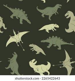 Dino Seamless Pattern, Cute Cartoon Dinosaurs Doodles Vector Illustration.