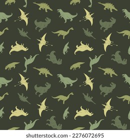 Dino Seamless Pattern, Cute Cartoon Dinosaurs Doodles Vector Illustration.