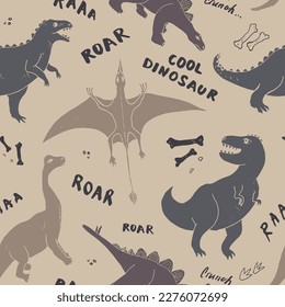 Dino Seamless Pattern, Cute Cartoon Dinosaurs Doodles Vector Illustration.