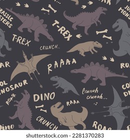 Dino Seamless Pattern, Cute Cartoon Dinosaurs Doodles Vector Illustration.