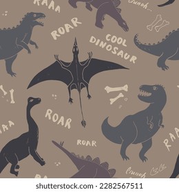 Dino Seamless Pattern, Cute Cartoon Dinosaurs Doodles Vector Illustration.