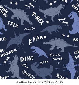 Dino Seamless Pattern, Cute Cartoon Dinosaurs Doodles Vector Illustration.